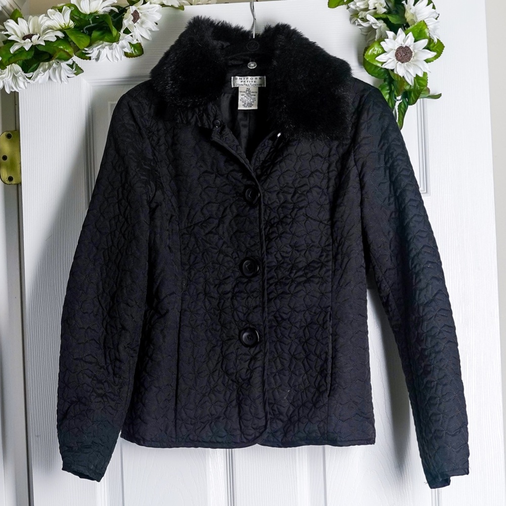 Black Quilted Jacket Coat Silk Blend Faux Fur Collar Women’s petite Small